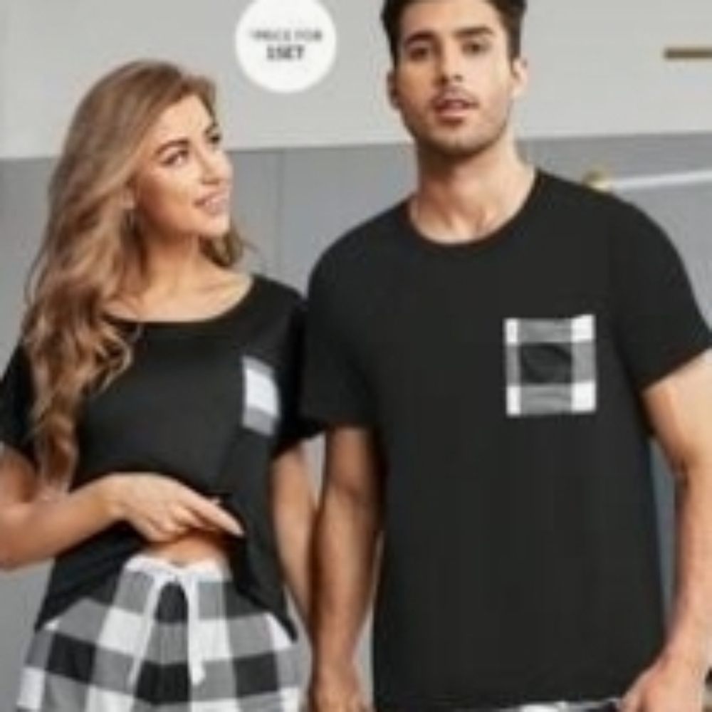 Couples Set Of Black Checkered Pajamas Pocket Plaid